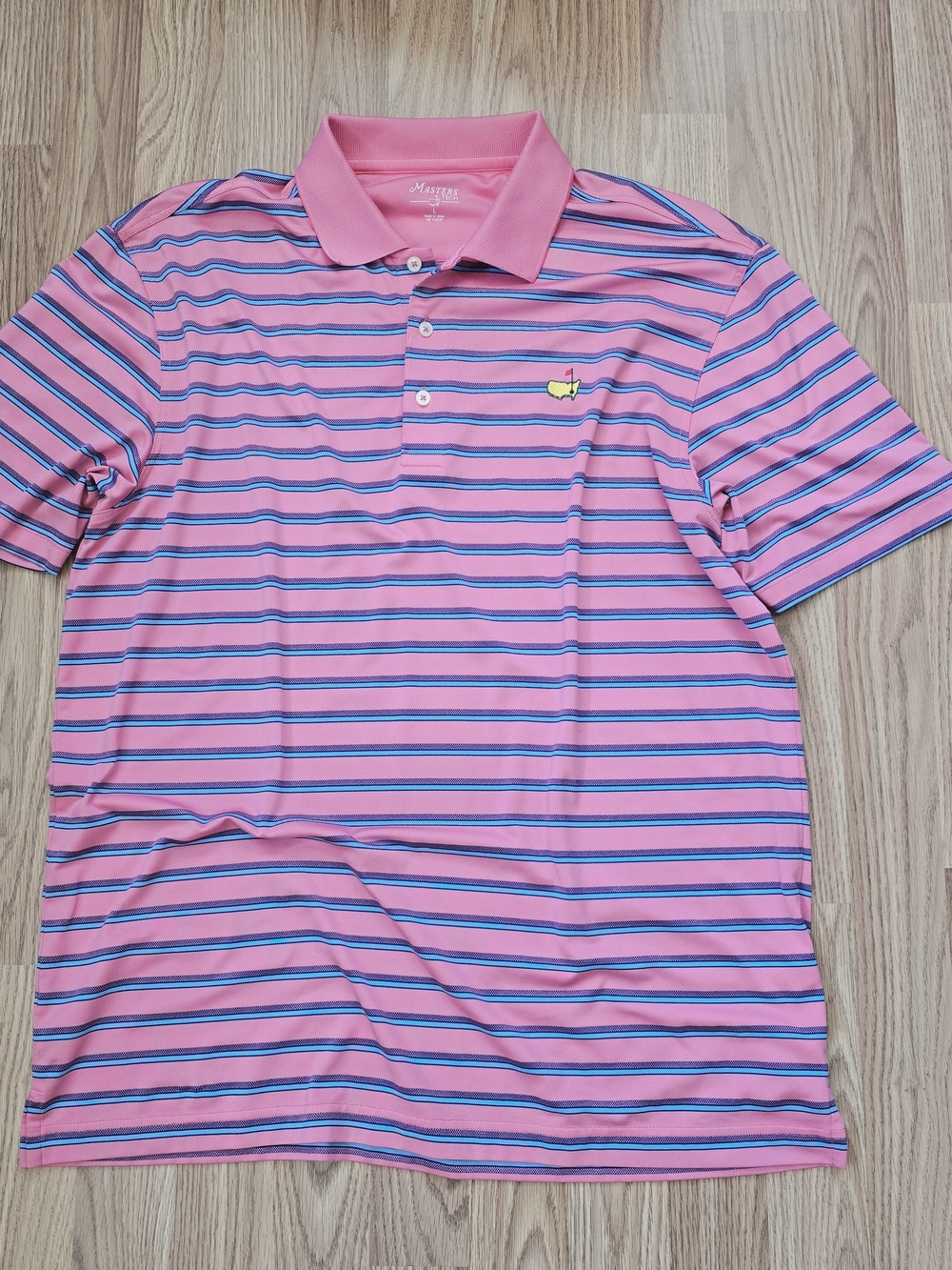Masters Tech Men's Large Pink Striped Golf Polo Shirt with Blue Accents